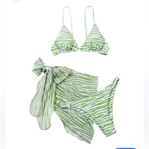 New! Green and white Zebra Print Bikini Set with Matching Cover-Up sarong M